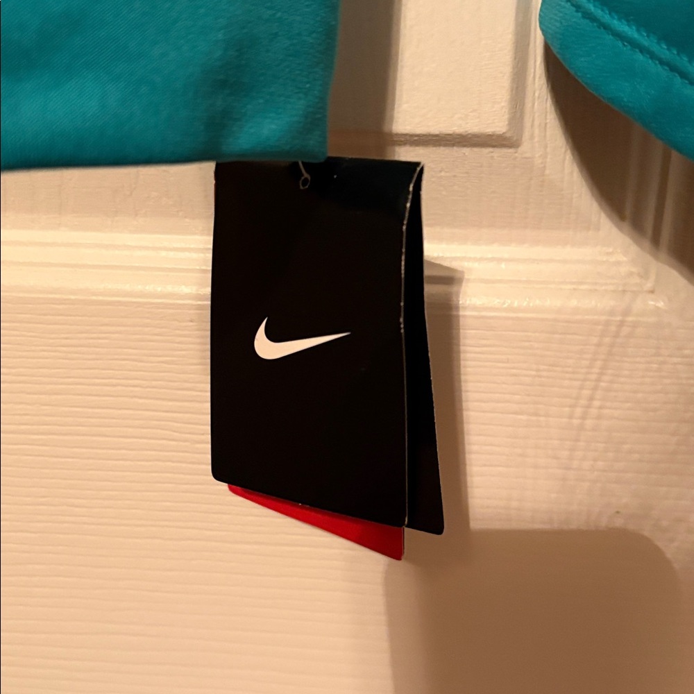 NWT Nike Dri-Fit Running funnel neck aqua sweatshirt, women’s size L. Logo. - Picture 5 of 11